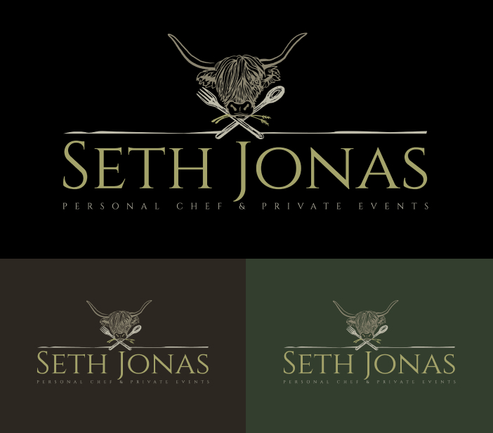 Primary logo on black, brown and dark green backgrounds.