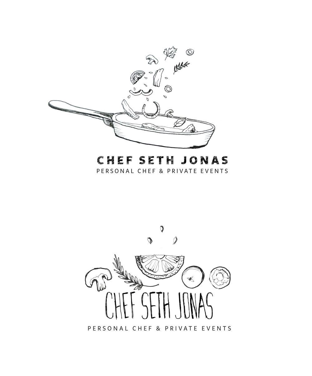 Hand drawn illustrations for logo, including a skillet tossing vegetables and the bottom images is a pile of vegetables resting above Chef Seth Jonas type.